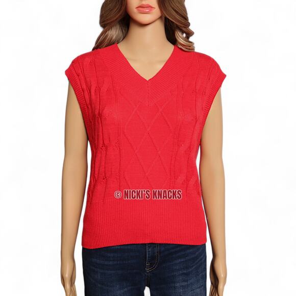 Sincerely Jules Red Cable Knit Sleeveless Sweater V-Neck Academia Preppy Size L - Picture 2 of 13